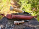 Turkniv med tennstål / gisttenner  9,5 cm blad - Fjellbjørk - rask levering med gravering. thumbnail